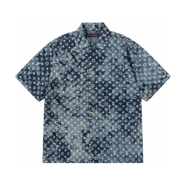 High Quality Louis Vuitton Short Sleeve Shirt Blue Denim Print Luxury