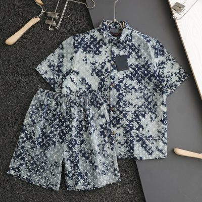 Luxury Louis Vuitton Short Sleeve Shirt Blue Denim Print Collection