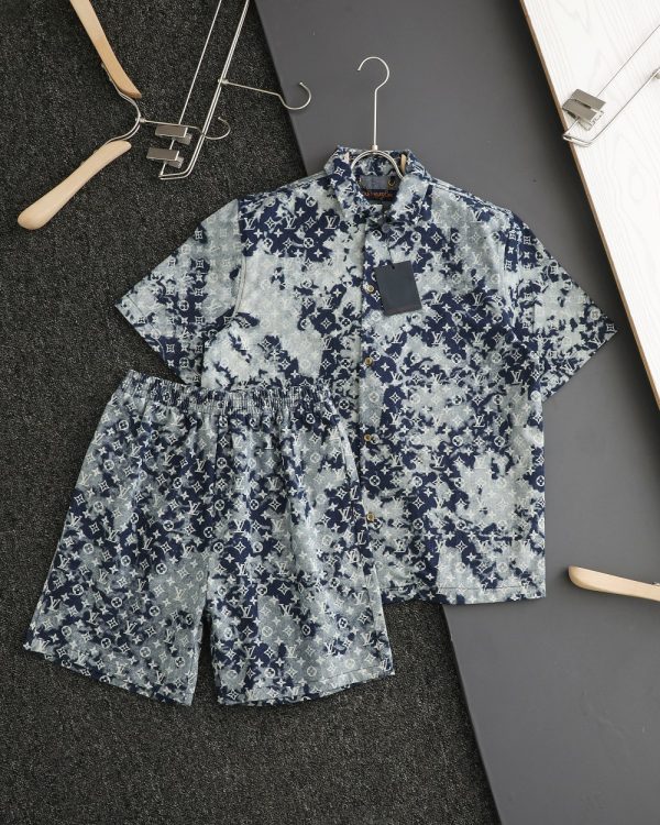 Luxury Louis Vuitton Short Sleeve Shirt Blue Denim Print Collection
