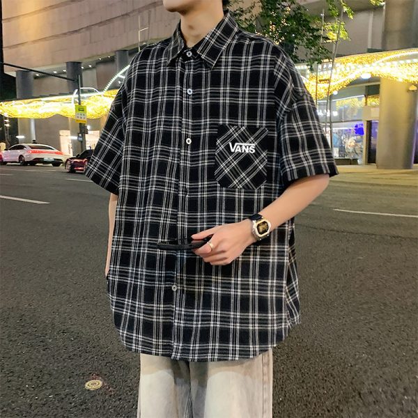High Quality Vans Short Sleeves Black Plaid Luxury