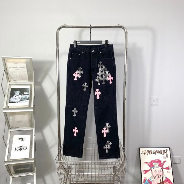 High Quality Chrome Hearts Jeans Pink Leather Vintage Style