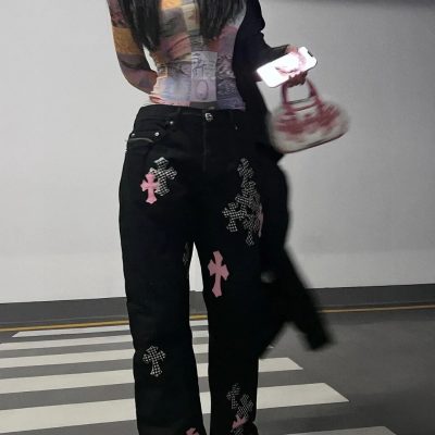 High Quality Chrome Hearts Jeans Pink Leather Vintage Luxury