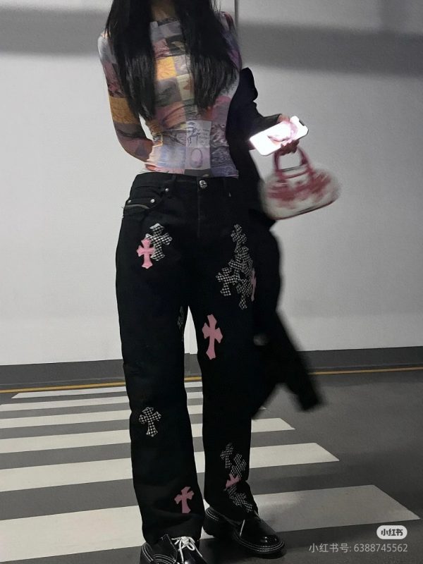 High Quality Chrome Hearts Jeans Pink Leather Vintage Luxury