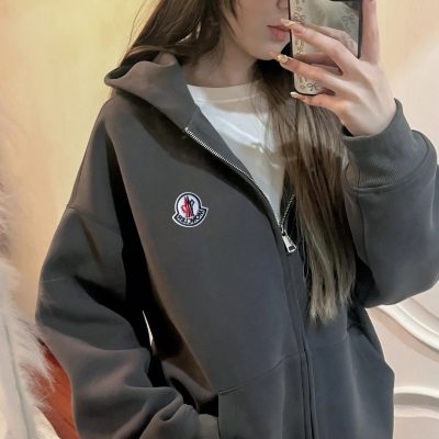 Premium Quality Moncler Jackets Gray Fleece Embroidered Luxury