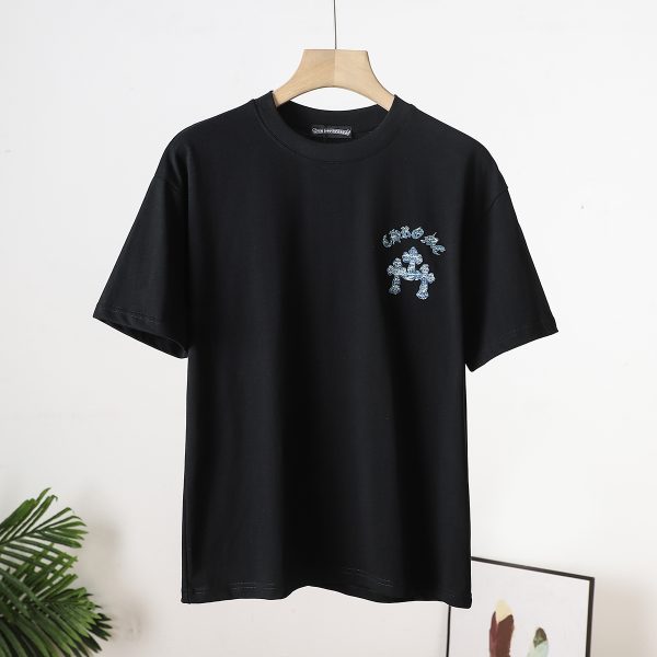 Best Selling Chrome Hearts Short Sleeves Black Denim Rhinestone Style