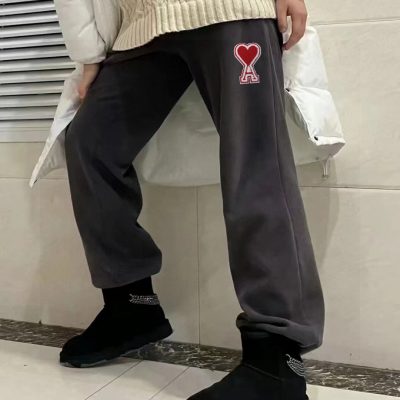 Premium Quality Ami Sweatpants Black Fleece Embroidered Luxury
