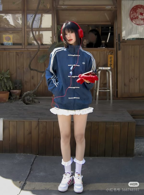 High Quality Adidas Coats Navy Suede Striped Style