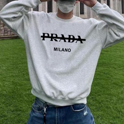 High Quality Prada Sweatshirts Black Fleece Logo Luxury