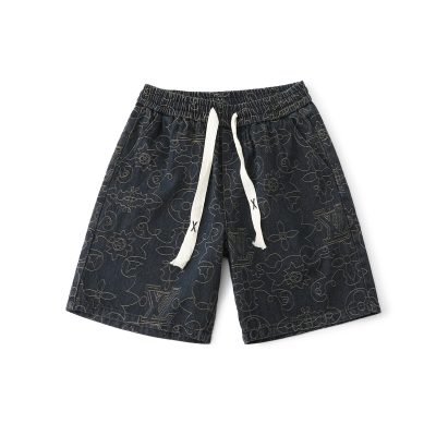 High Quality Louis Vuitton Shorts Gold Denim Embroidered Luxury