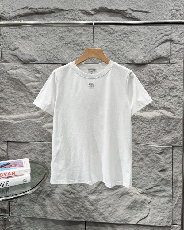 Luxury Chanel Short Sleeves White Cotton Logo Collection