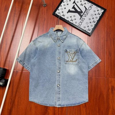 Premium Quality Louis Vuitton Short-Sleeved Shirt Gold Denim Classic Luxury