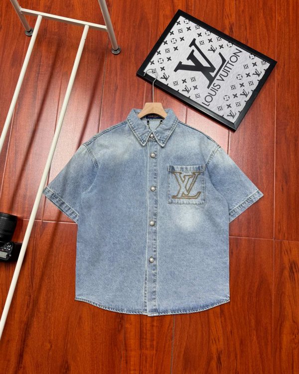 Premium Quality Louis Vuitton Short-Sleeved Shirt Gold Denim Classic Luxury