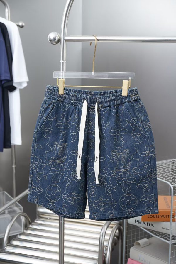 Premium Quality Louis Vuitton Shorts Gold Denim Embroidered Style