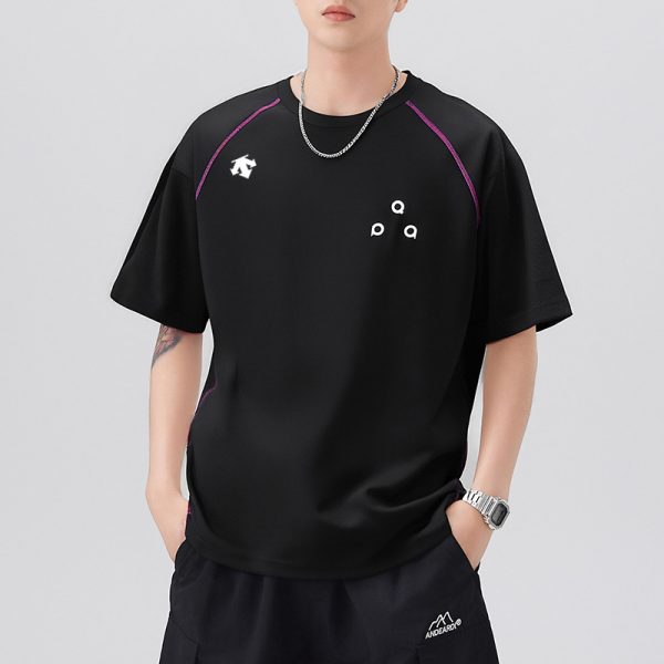 High Quality Descente Short Sleeves Black Silk Logo Collection