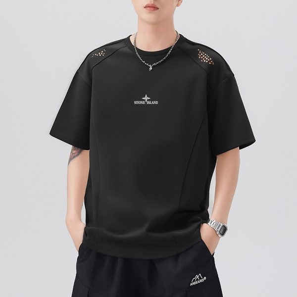Premium Stone Island Short Sleeves Black Silk Logo Collection