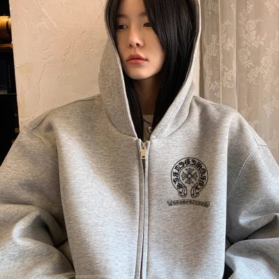 High Quality Chrome Hearts Jackets Gray Fleece Print Collection