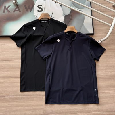 Premium Descente Short-Sleeved Shirts Black Silk Casual Style