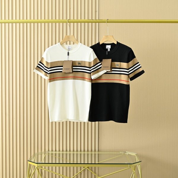 Best Selling Burberry Short-Sleeved Shirt Khaki Knit Striped Luxury