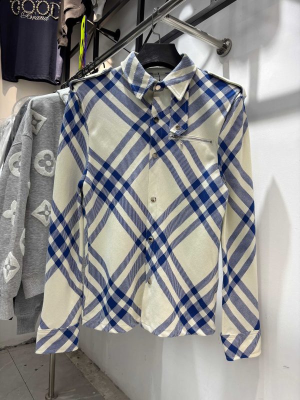 High Quality Burberry Coat Blue Wool Plaid Style