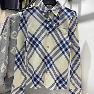 High Quality Burberry Coat Blue Wool Plaid Style