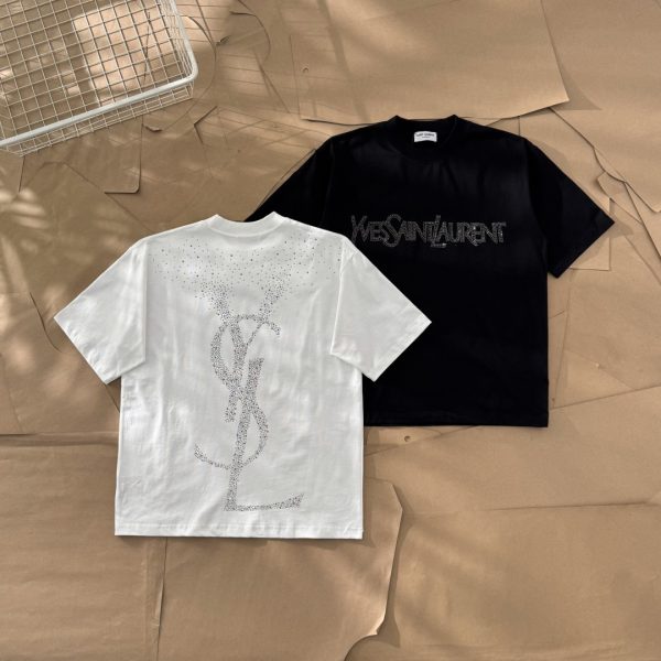 Best Selling Yves Saint Laurent Short Sleeves Black Cotton Rhinestone Luxury