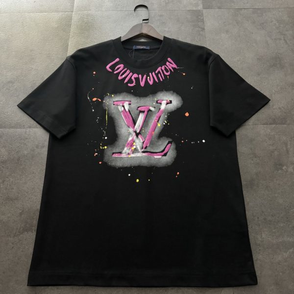 Premium Quality Louis Vuitton Short Sleeves Black Cotton Print Style