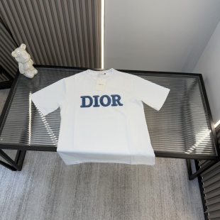 High Quality Dior Short Sleeves Blue Embroidered Style