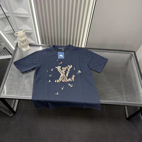 Premium Quality Louis Vuitton Short Sleeves Navy Embroidered Style