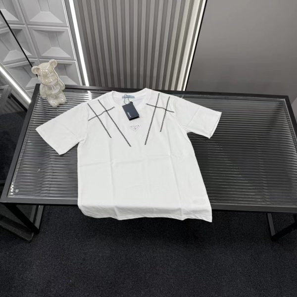 Premium Prada Short Sleeves White Embroidered Style