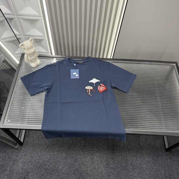 Premium Quality Louis Vuitton Short Sleeves Navy Embroidered Luxury