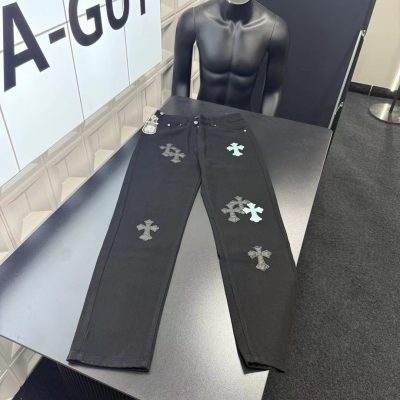 High Quality Chrome Hearts Trousers Black Leather Embroidered Luxury