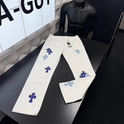 Premium Quality Chrome Hearts Trousers White Leather Embroidered Luxury