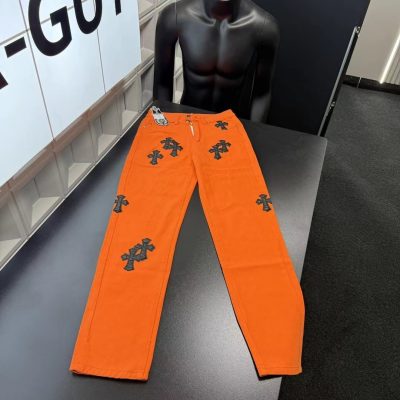 Luxury Chrome Hearts Trousers Orange Leather Embroidered Luxury