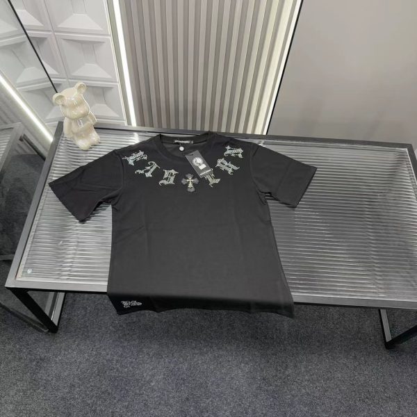 Best Selling Chrome Hearts Short Sleeves Black Leather Rhinestone Style