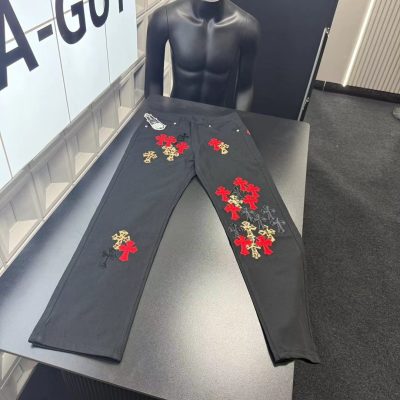 Luxury Chrome Hearts Trousers Black Leather Patchwork Style