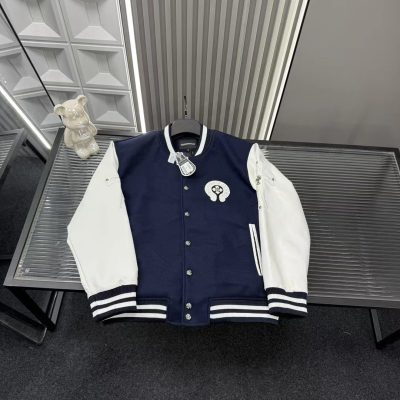 Premium Quality Chrome Hearts Coat Navy Leather Embroidered Luxury