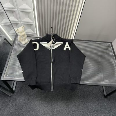 Premium Quality Armani Coats Black Knit Logo Style