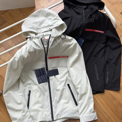 Premium Prada Jackets Black Polyester Logo Luxury