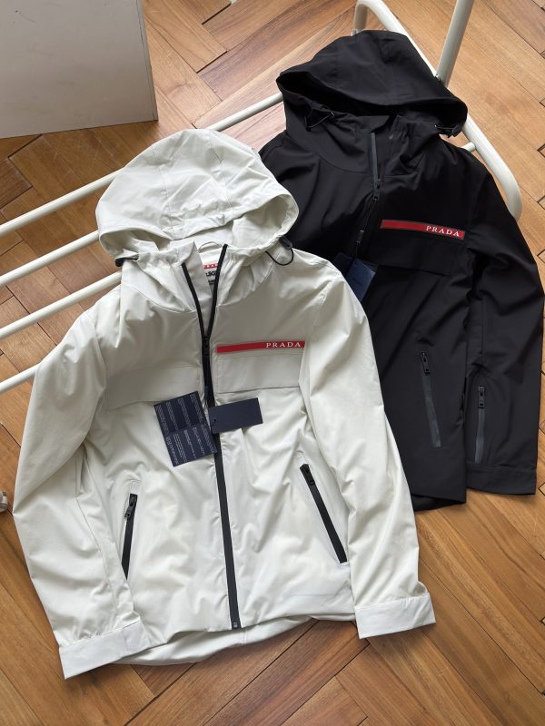 Premium Prada Jackets Black Polyester Logo Luxury