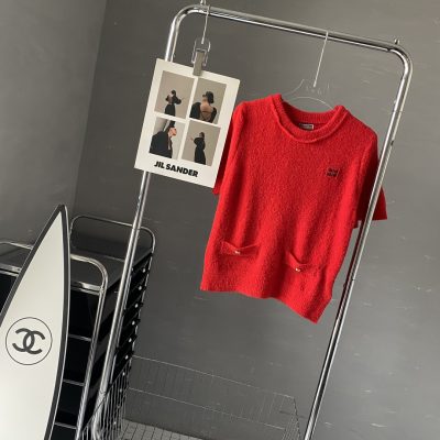 High Quality Miu Miu Short Sleeves Red Knit Logo Style