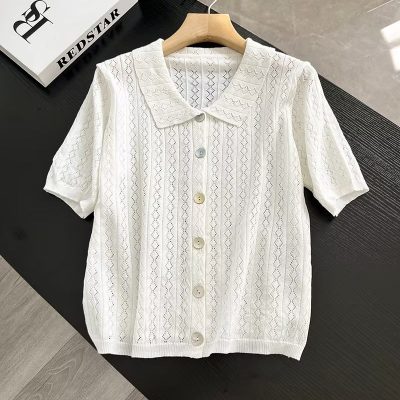 Premium Quality Sandro Short-Sleeved Shirts White Knit Solid Style