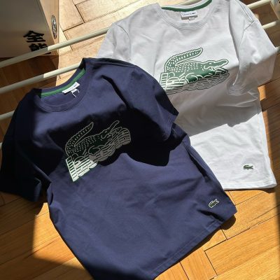 Best Selling Lacoste Short Sleeves White Cotton Striped Style