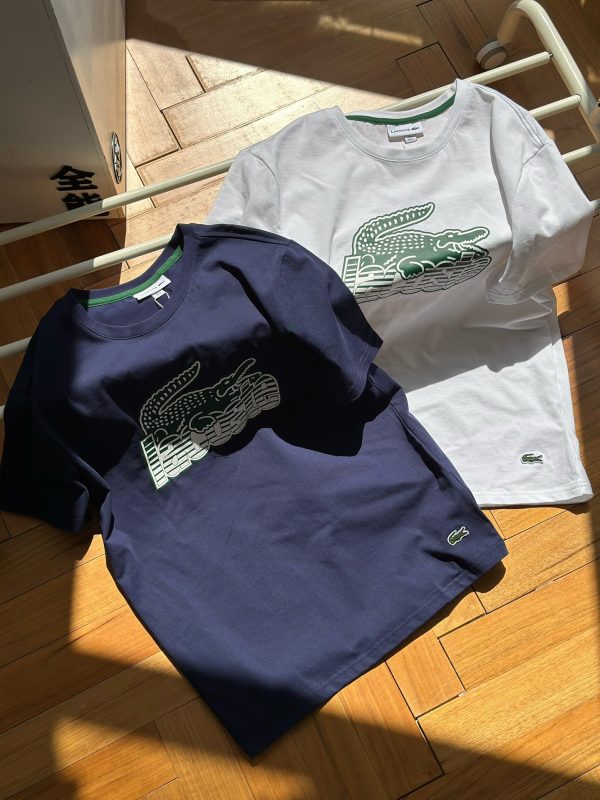 Best Selling Lacoste Short Sleeves White Cotton Striped Style