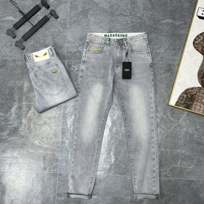 Luxury Fendi Jeans White Leather Embroidered Style
