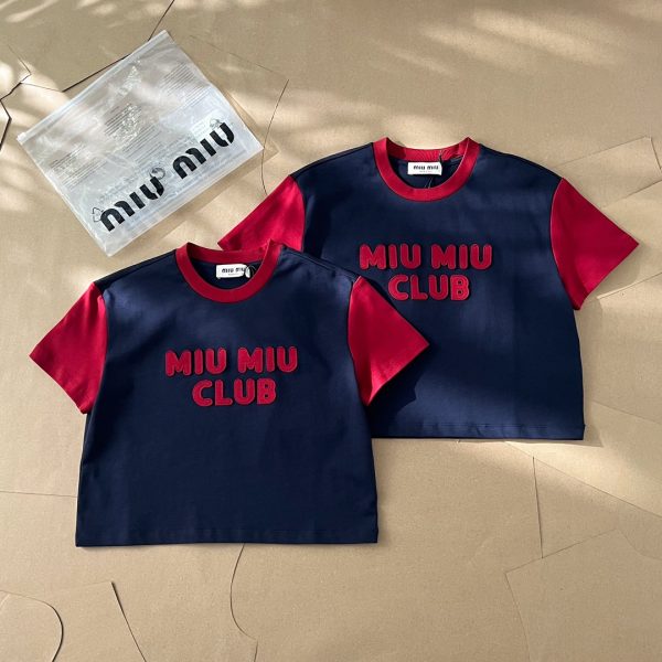 Premium Miu Miu Short Sleeves Blue Embroidered Luxury