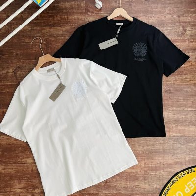 Luxury Dior Short Sleeves Black Cotton Embroidered Style