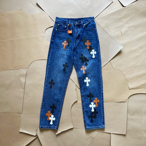 Premium Chrome Hearts Jeans Blue Leather Washed Style