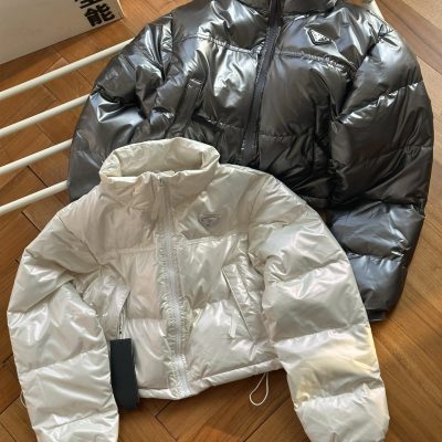 Premium Quality Prada Down Jackets Silver Leather Classic Luxury