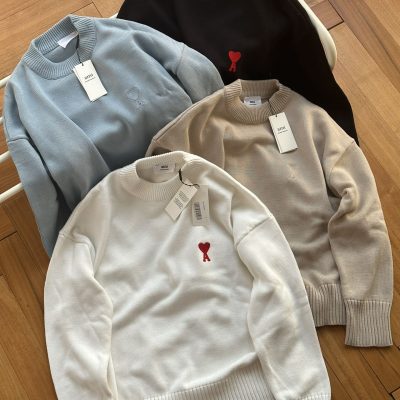 Premium Quality Ami Sweaters White Cotton Embroidered Luxury