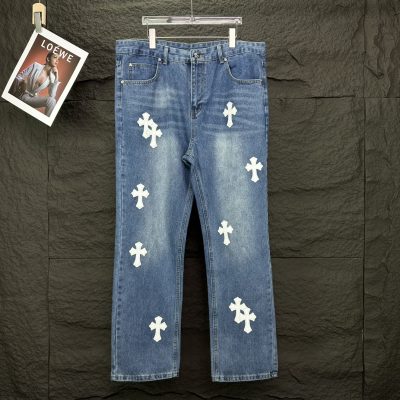 High Quality Chrome Hearts Jeans White Leather Washed Luxury